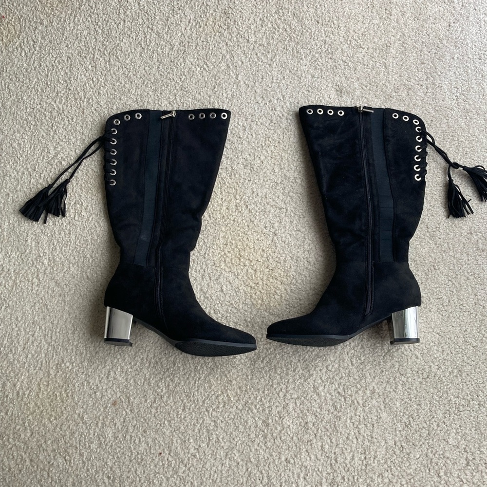 New in Box, Black Suede Wide Calf, Clodwalker boots with Silver heels